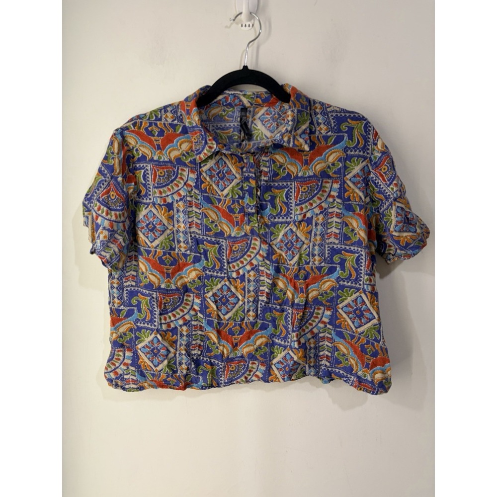 HERE&NOW Women's XL Tile Print Button Front Crop Shirt Blue Orange Viscose‎